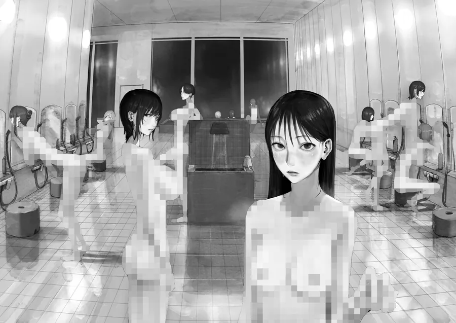 【エロ同人漫画】チー牛陰キャが妹に連れられ修学旅行JKしかいない大浴場で現役JKとゴムなし18Pハーレム大乱交！！-3枚目