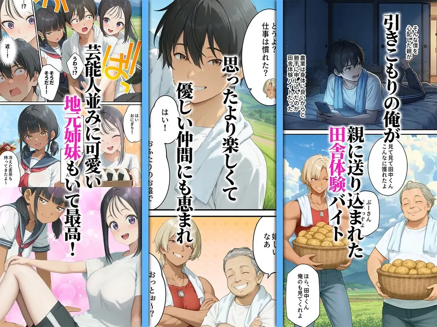 【エロ同人漫画】性に豊かな田舎体験はいかがですか？〜地元姉妹と5人でグループセックス〜-0枚目