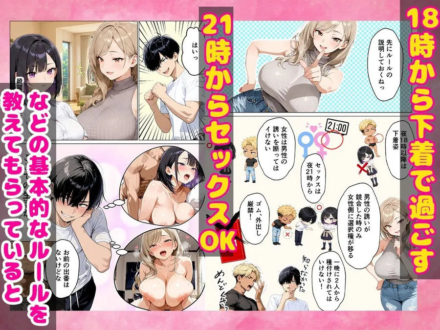 【エロ同人漫画】ギャルハーレム 毎晩21時から中出しセックスが始まるシェアハウスで種付けしまくった-1枚目